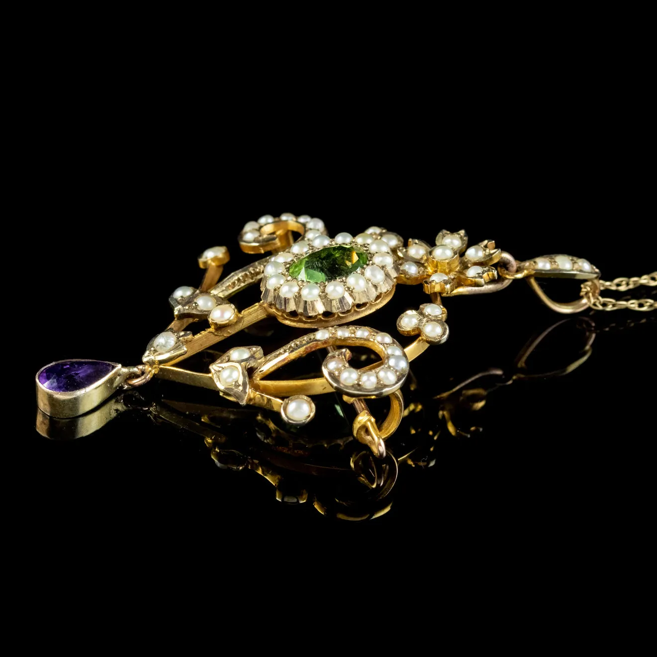 Antique Suffragette Floral Pendant Brooch Necklace 9Ct Gold Circa 1910