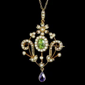 Antique Suffragette Floral Pendant Brooch Necklace 9Ct Gold Circa 1910