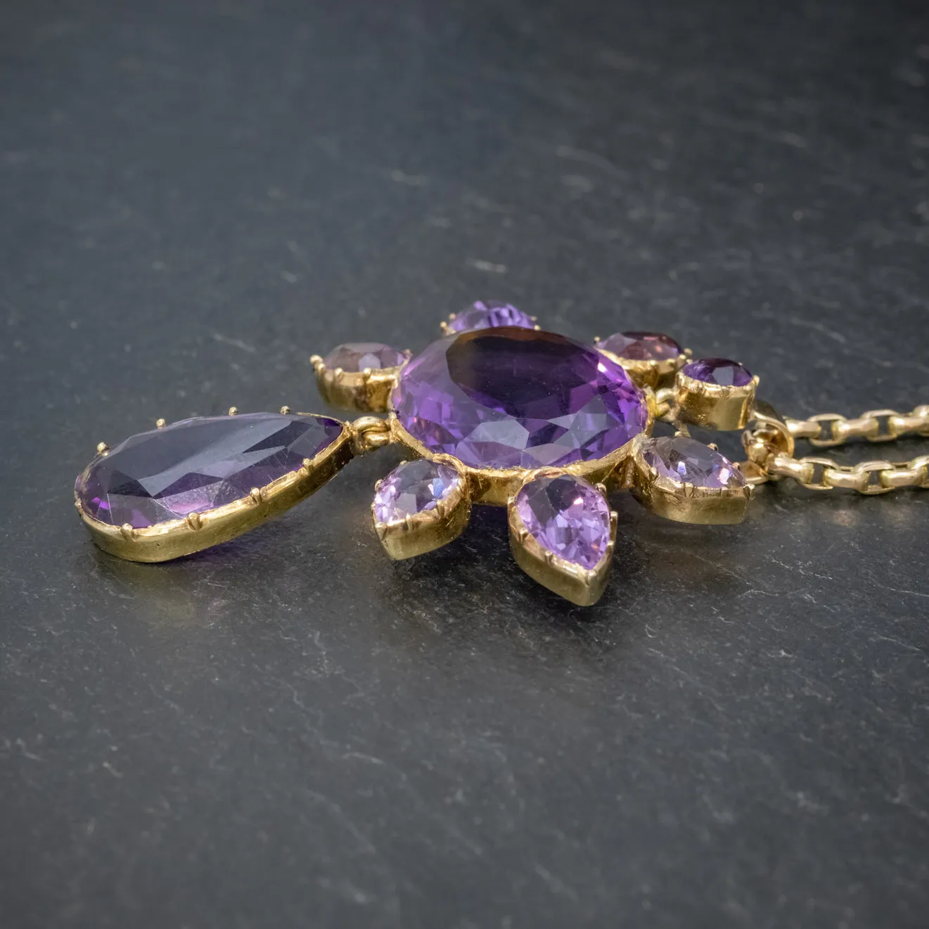 Antique Victorian Amethyst Pendant Necklace 15Ct Gold Chain Circa 1900