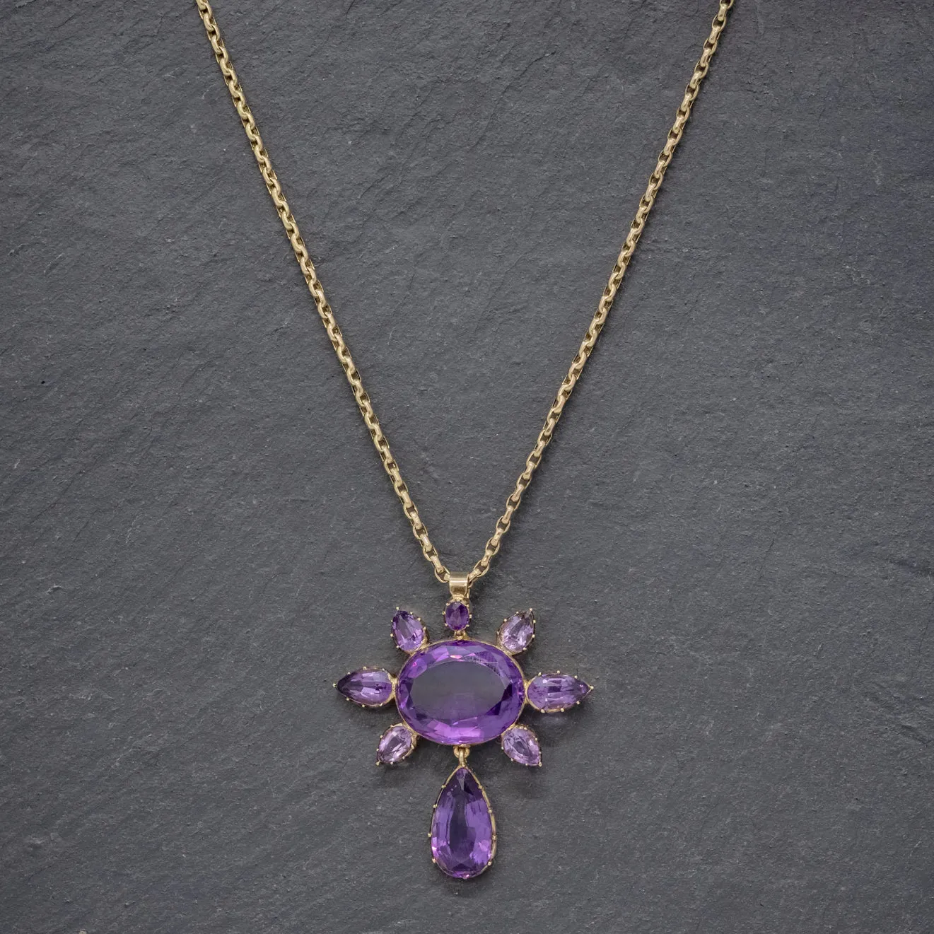 Antique Victorian Amethyst Pendant Necklace 15Ct Gold Chain Circa 1900