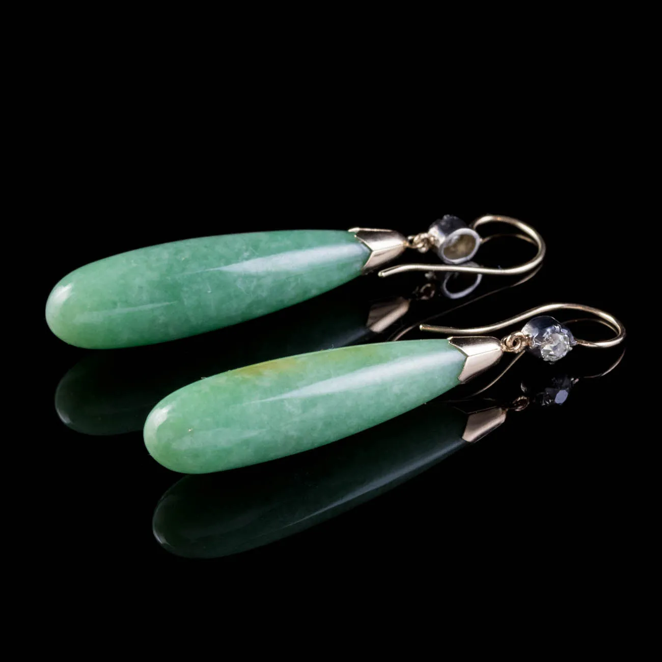 Antique Victorian Long Jade Diamond Drop Earrings 18Ct Gold Silver Circa 1890