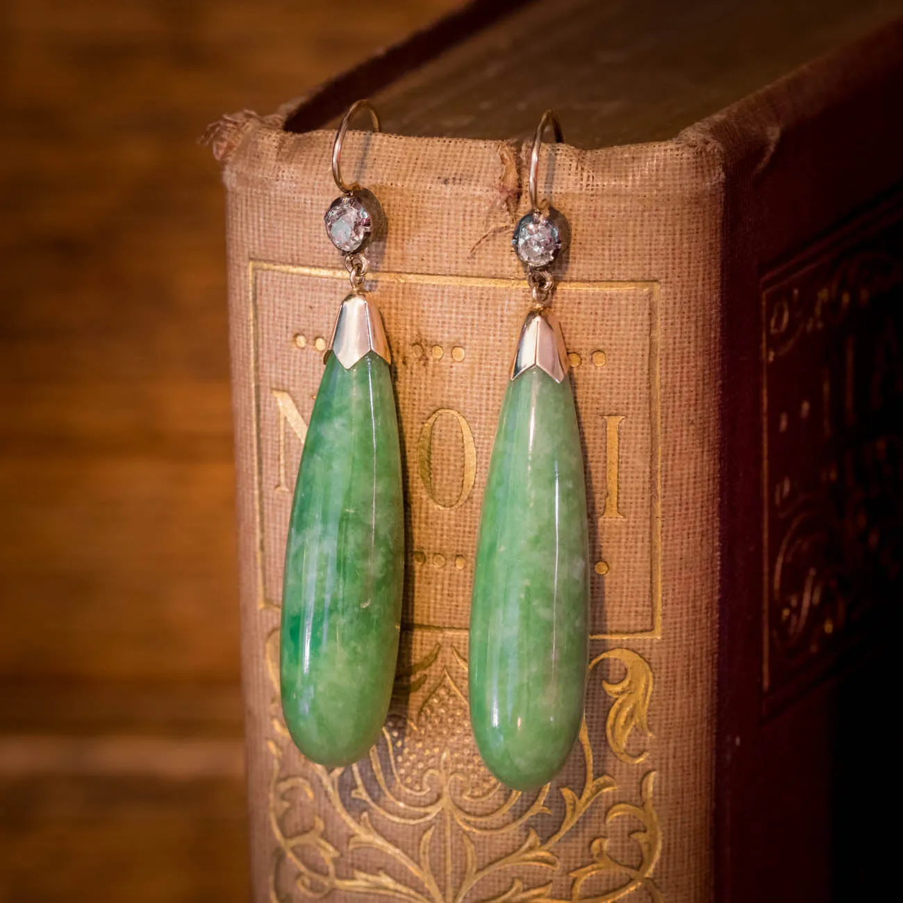 Antique Victorian Long Jade Diamond Drop Earrings 18Ct Gold Silver Circa 1890