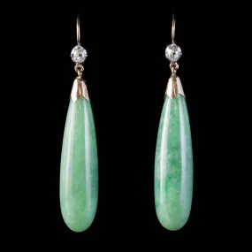 Antique Victorian Long Jade Diamond Drop Earrings 18Ct Gold Silver Circa 1890