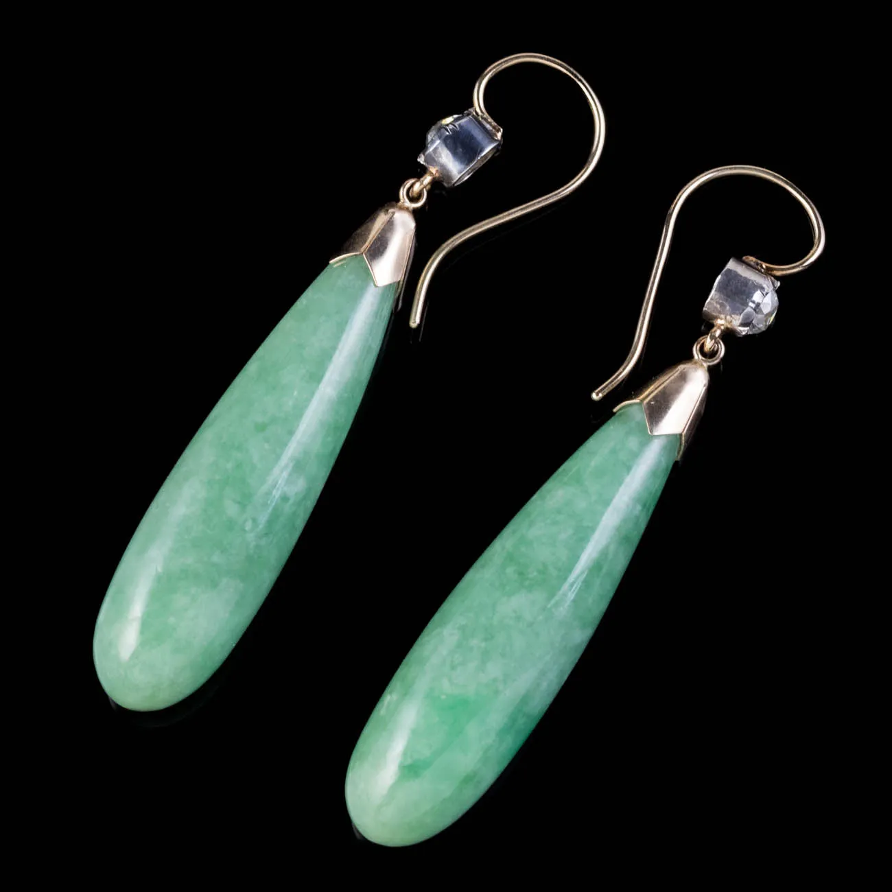 Antique Victorian Long Jade Diamond Drop Earrings 18Ct Gold Silver Circa 1890