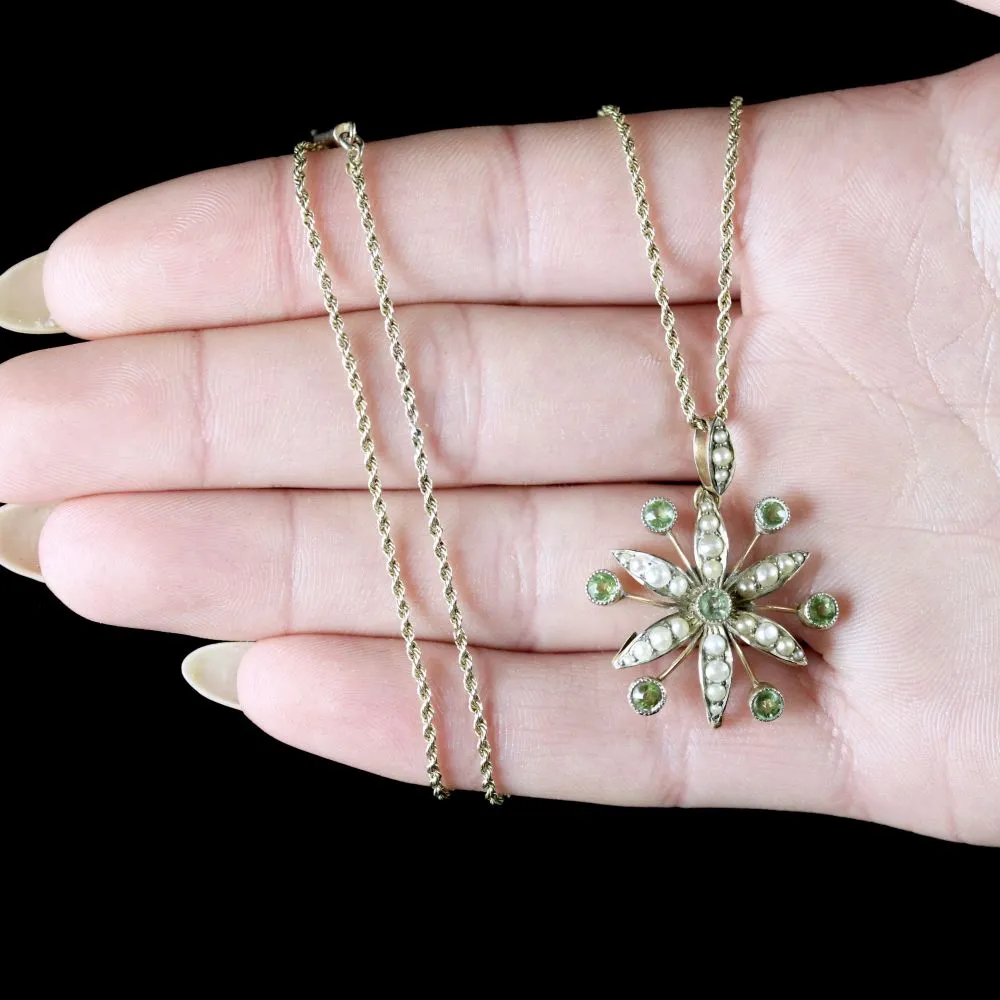 Antique Victorian Pearl Peridot Necklace Circa 1900