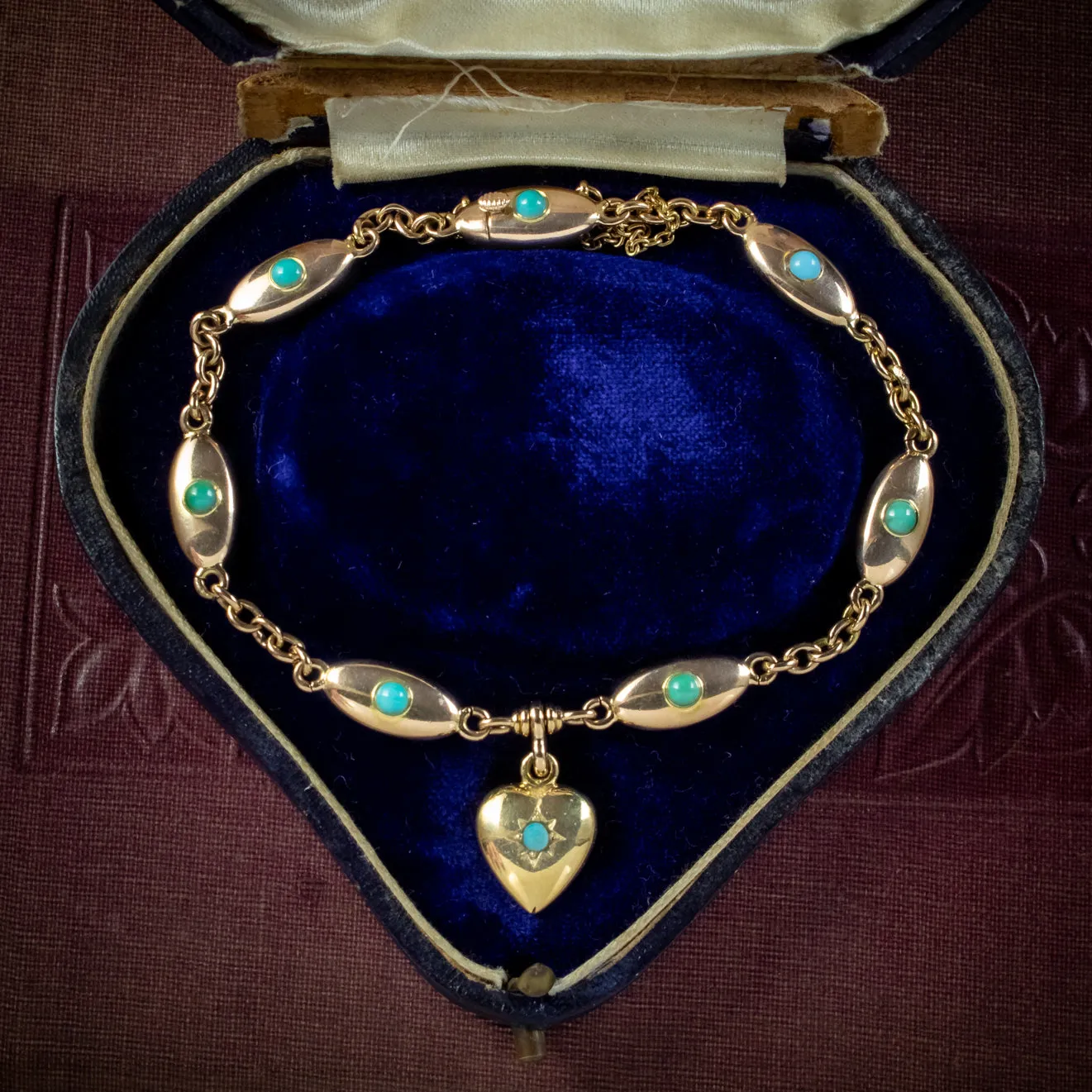 Antique Victorian Turquoise Heart Bracelet 15ct Gold Circa 1890 Boxed