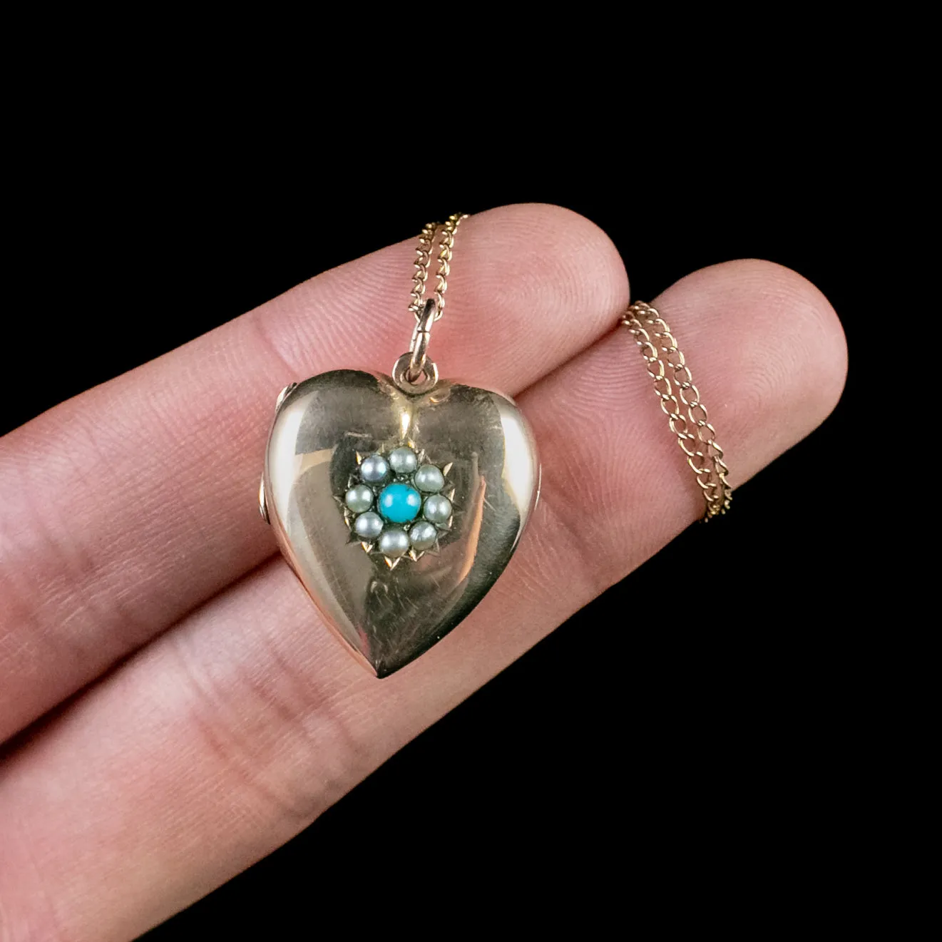 Antique Victorian Turquoise Pearl Heart Locket Necklace Dated 1898