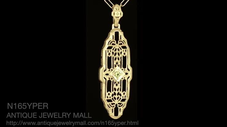 Art Deco Filigree Vintage Inspired Peridot Lozenge Pendant Necklace in Yellow Gold Over Sterling Silver