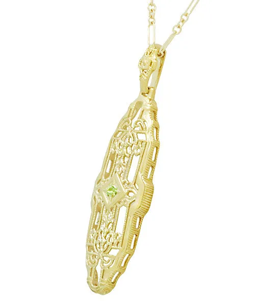 Art Deco Filigree Vintage Inspired Peridot Lozenge Pendant Necklace in Yellow Gold Over Sterling Silver