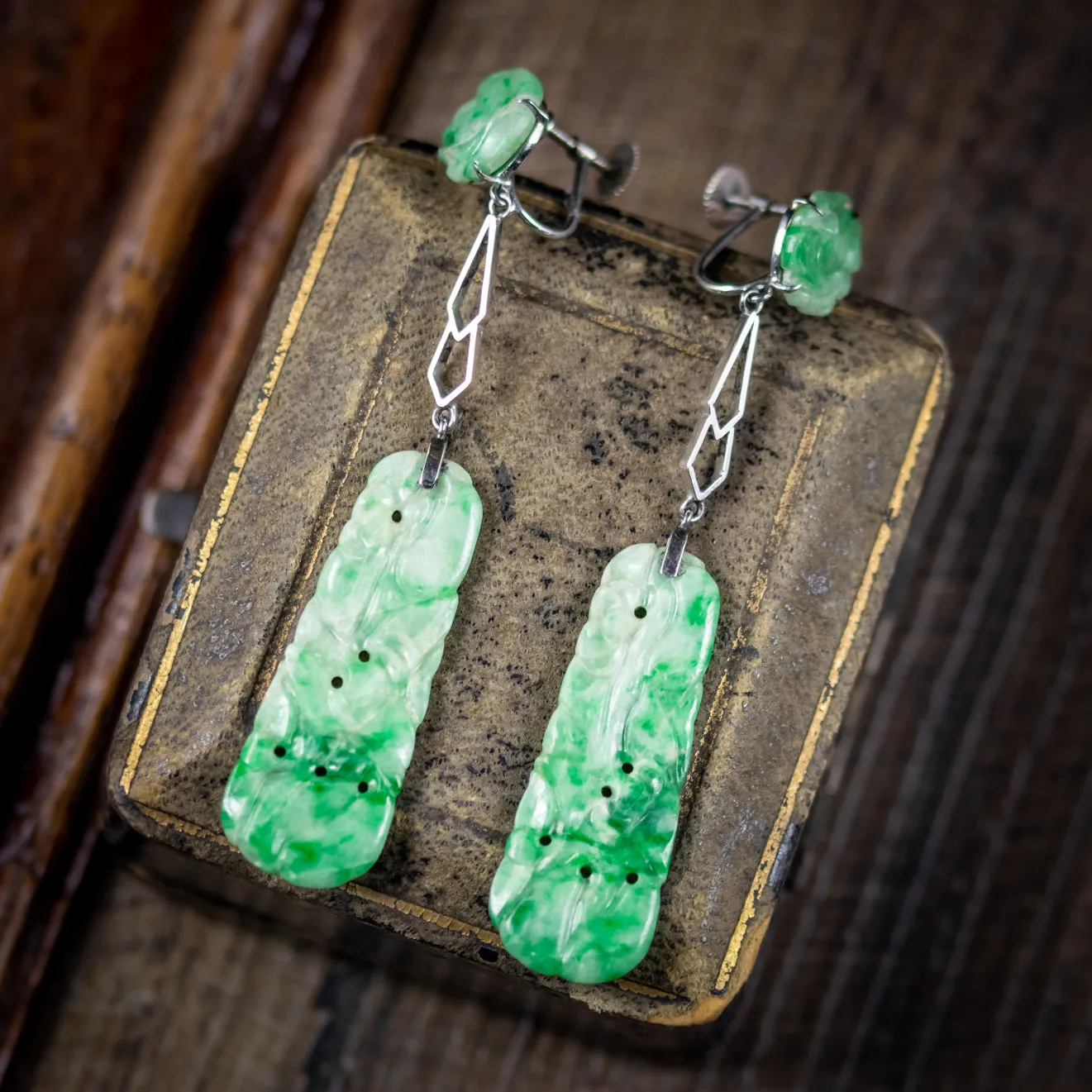 Art Deco Jade Drop Earrings 9Ct White Gold Circa 1920