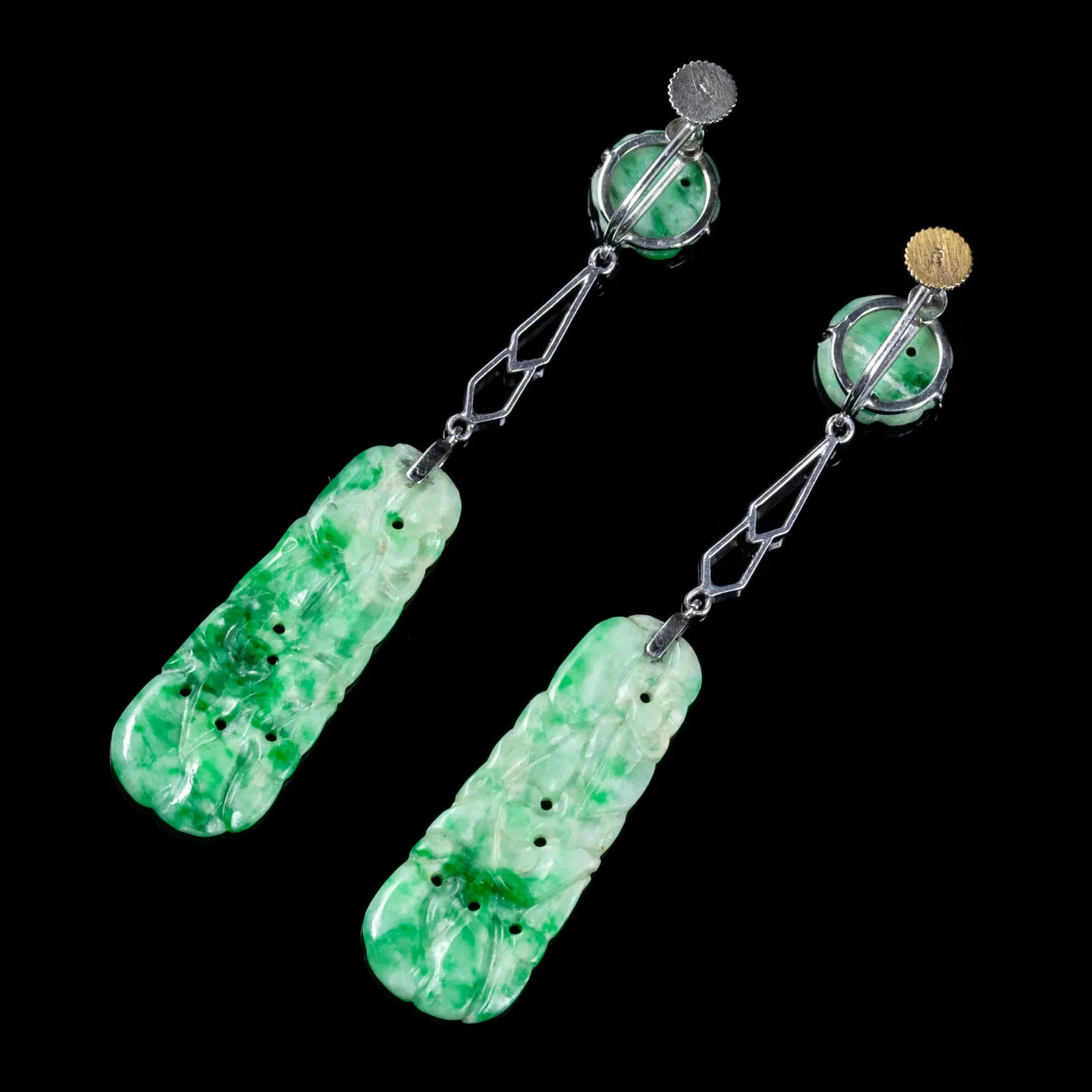 Art Deco Jade Drop Earrings 9Ct White Gold Circa 1920