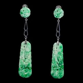 Art Deco Jade Drop Earrings 9Ct White Gold Circa 1920