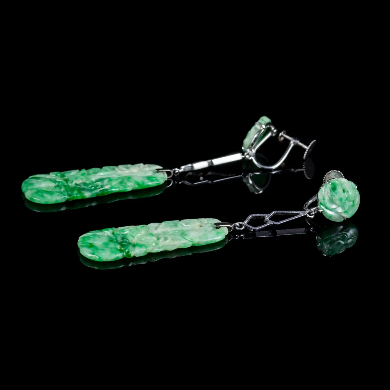 Art Deco Jade Drop Earrings 9Ct White Gold Circa 1920