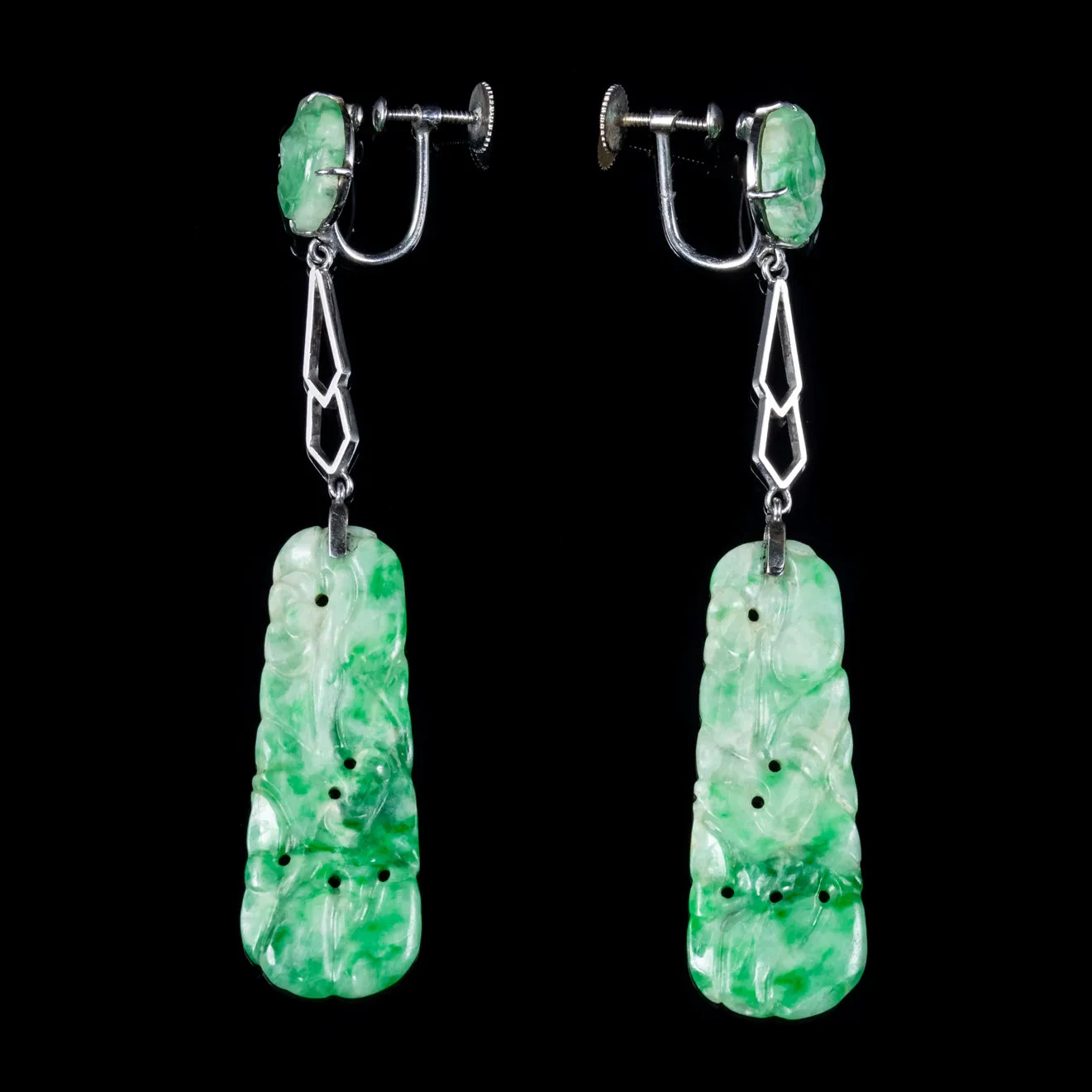 Art Deco Jade Drop Earrings 9Ct White Gold Circa 1920