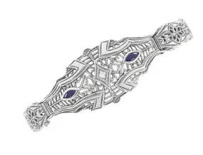 Art Deco Marquise Sapphire and Diamond Filigree Bracelet in 14 Karat White Gold