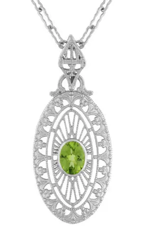 Art Deco Peridot Filigree Oval Pendant Necklace in Sterling Silver