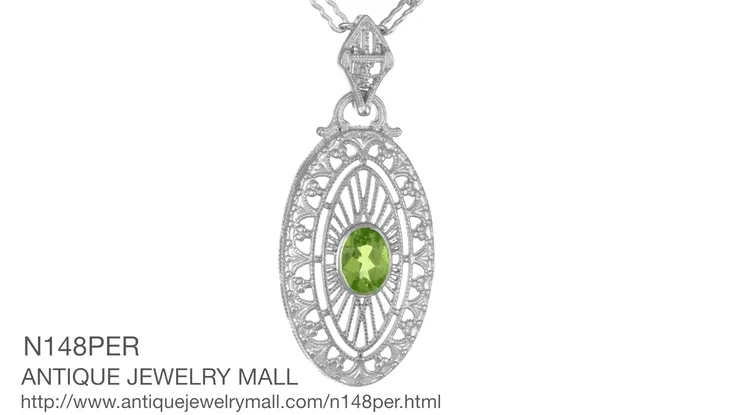 Art Deco Peridot Filigree Oval Pendant Necklace in Sterling Silver