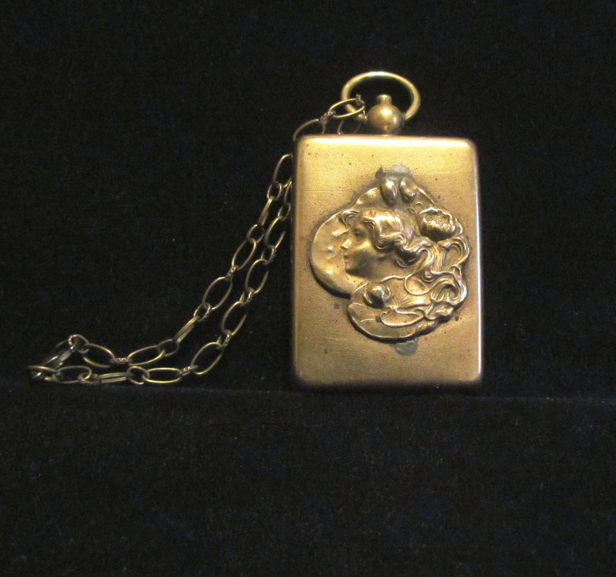 Art Nouveau Locket Antique Chatelaine Compact Circa 1890s Gold Tone Fob