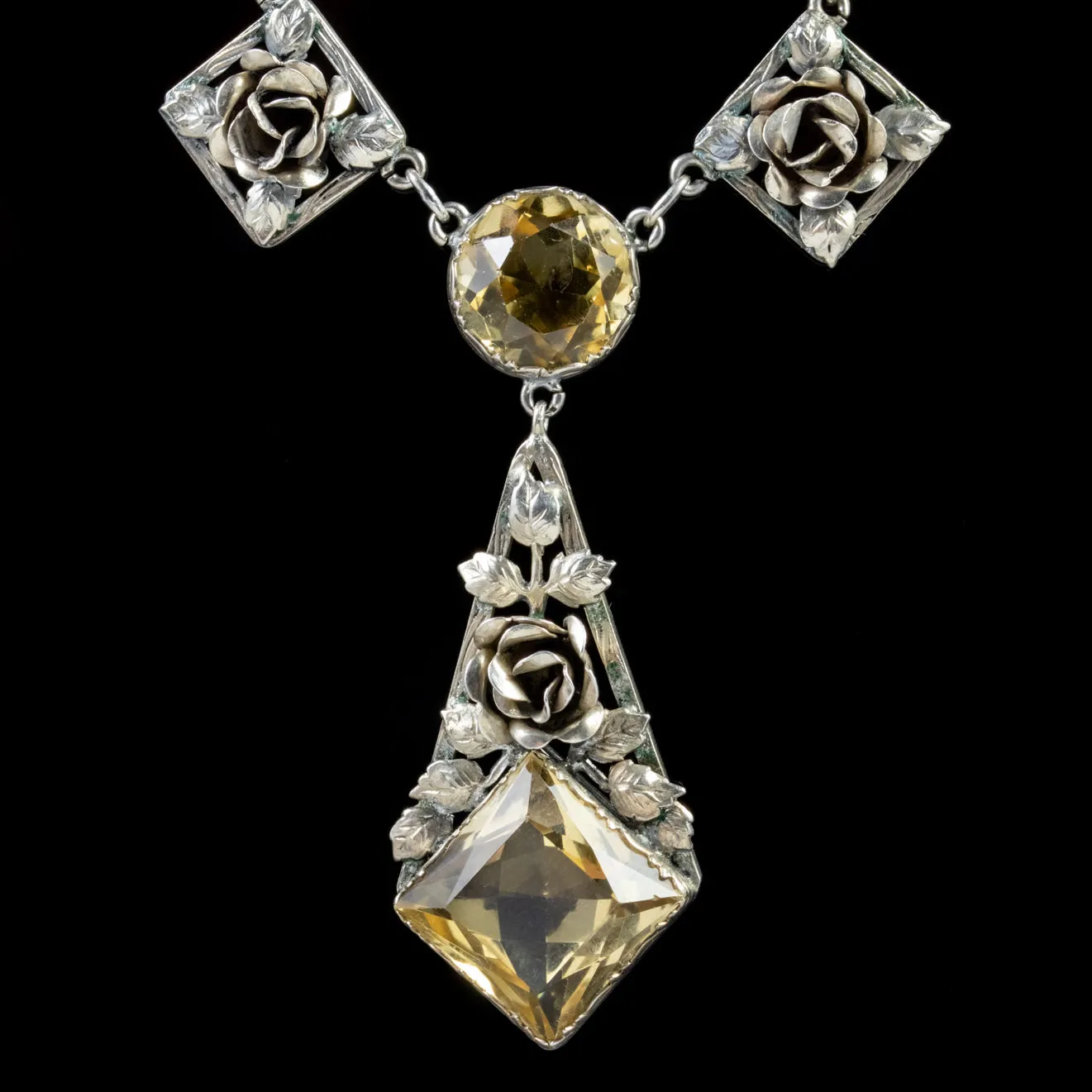 Arts And Crafts Citrine Floral Lavaliere Necklace Silver Circa 1930