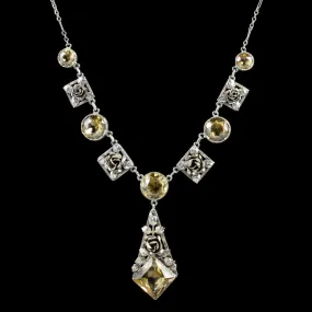 Arts And Crafts Citrine Floral Lavaliere Necklace Silver Circa 1930