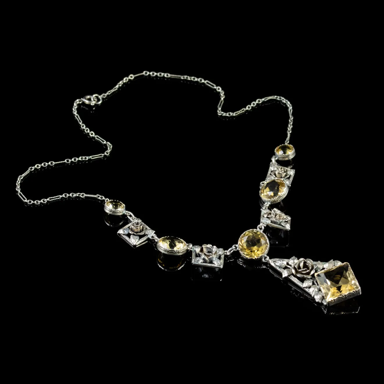 Arts And Crafts Citrine Floral Lavaliere Necklace Silver Circa 1930