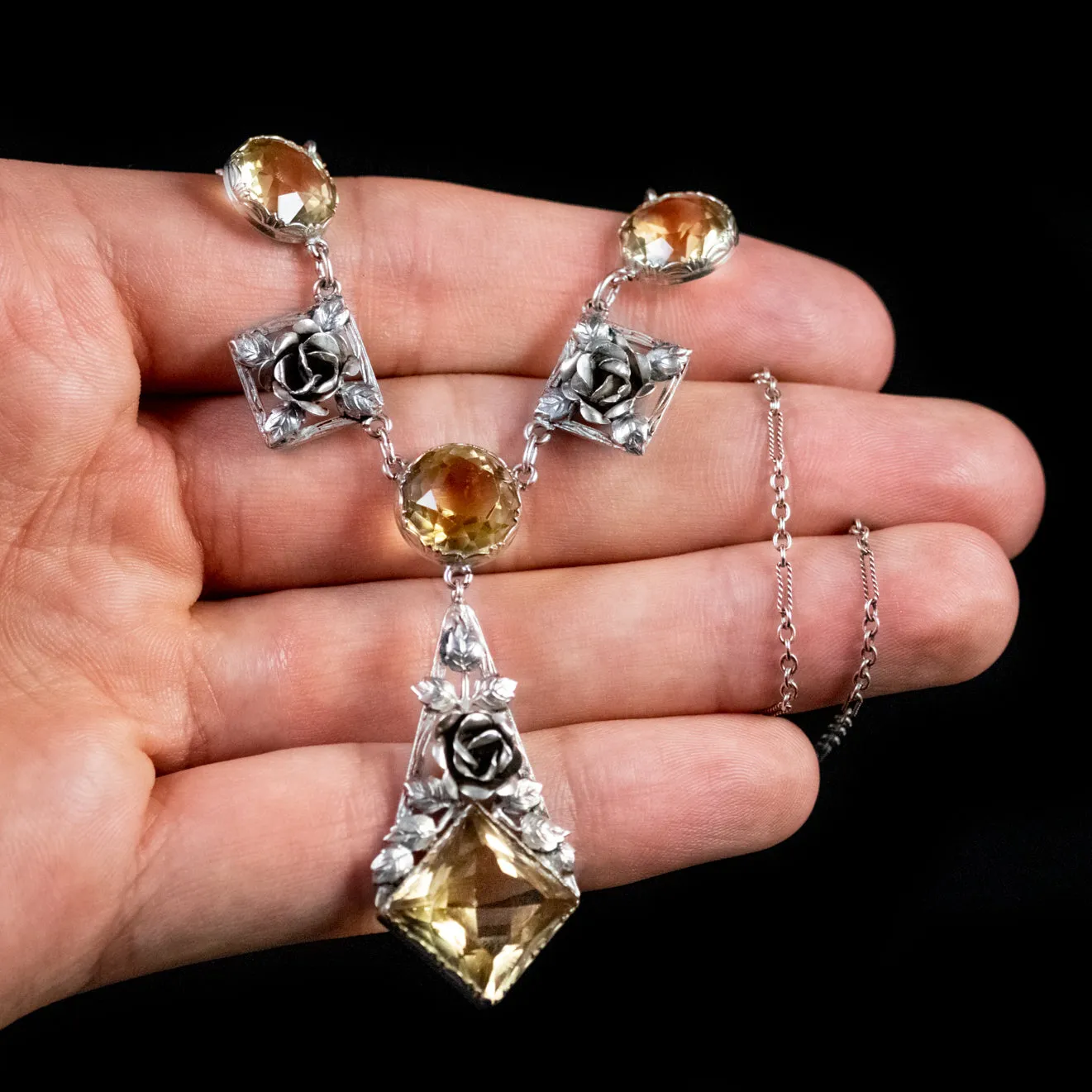 Arts And Crafts Citrine Floral Lavaliere Necklace Silver Circa 1930