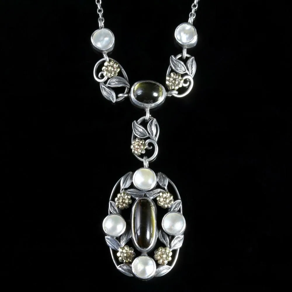 Arts Crafts Silver Blister Pearl Citrine Pendant Necklace Circa 1900