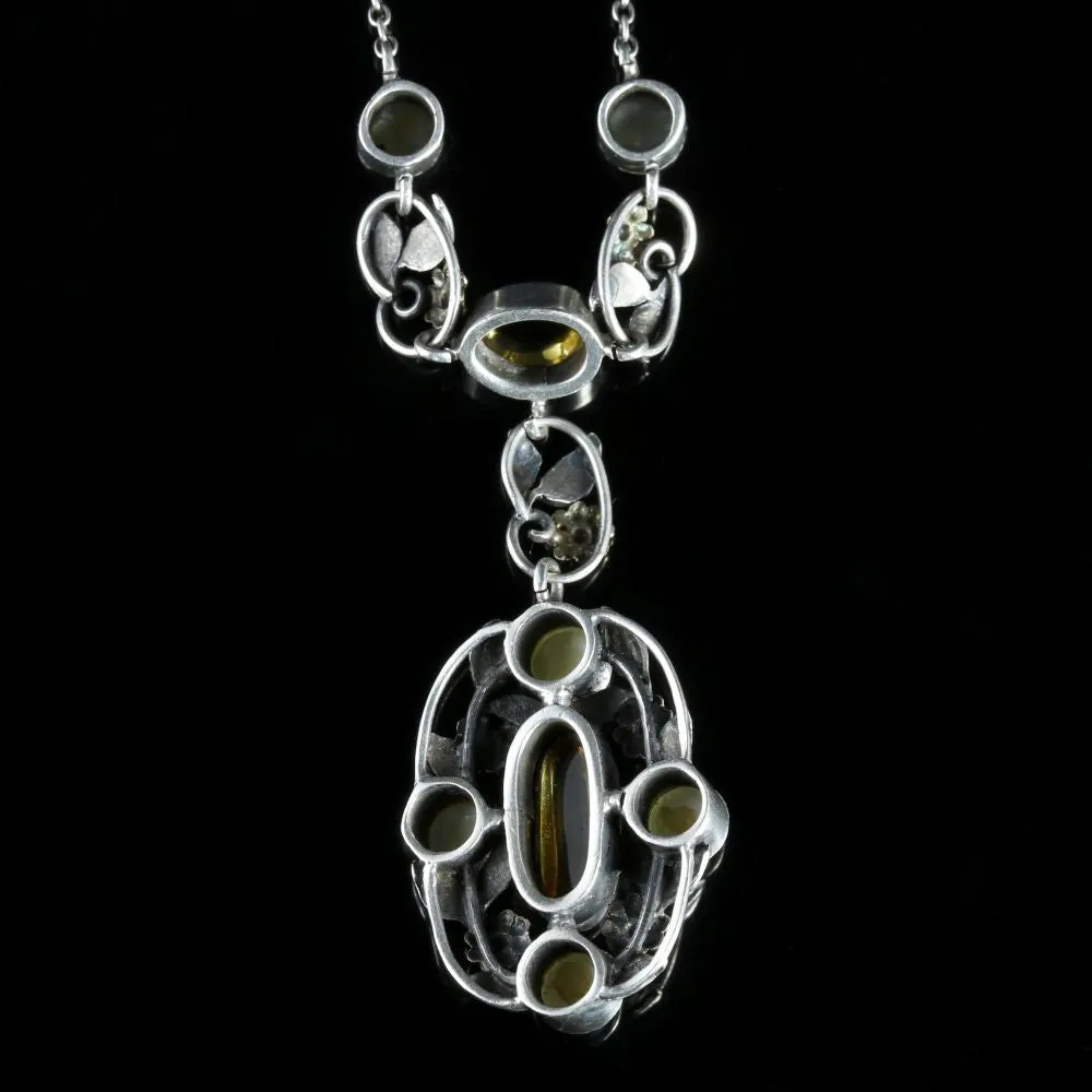 Arts Crafts Silver Blister Pearl Citrine Pendant Necklace Circa 1900