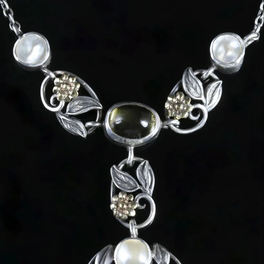 Arts Crafts Silver Blister Pearl Citrine Pendant Necklace Circa 1900