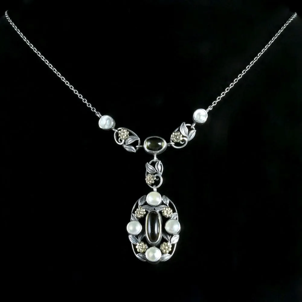 Arts Crafts Silver Blister Pearl Citrine Pendant Necklace Circa 1900