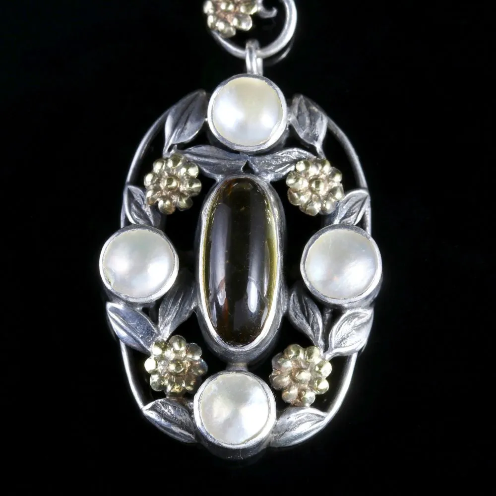 Arts Crafts Silver Blister Pearl Citrine Pendant Necklace Circa 1900