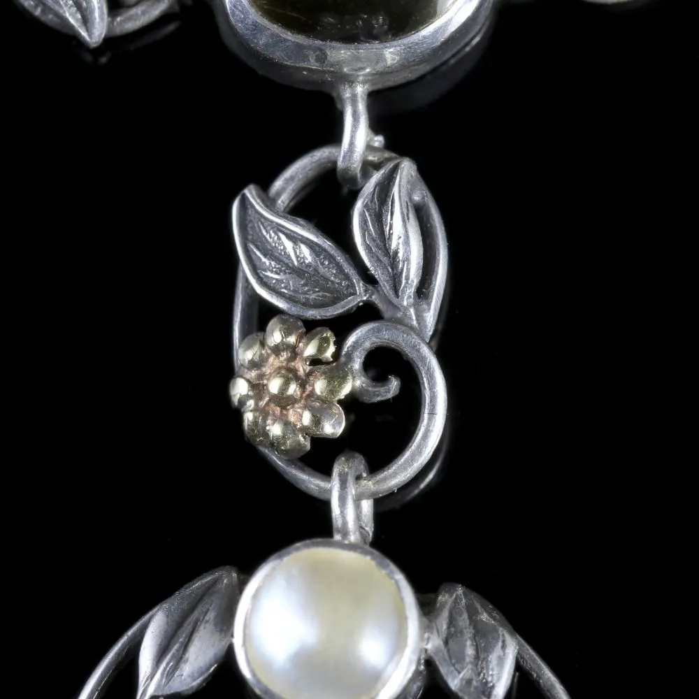 Arts Crafts Silver Blister Pearl Citrine Pendant Necklace Circa 1900