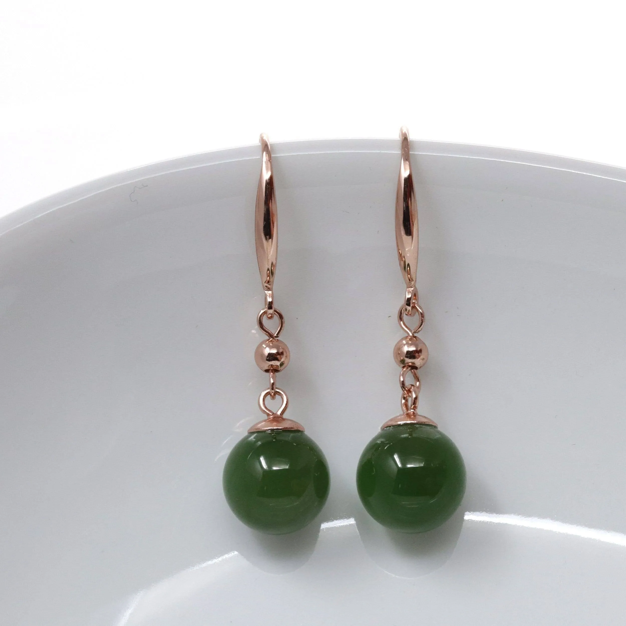 Baikalla "Classic Bead Earrings" Sterling Silver Genuine Nephrite Green Jade Dangle Earrings