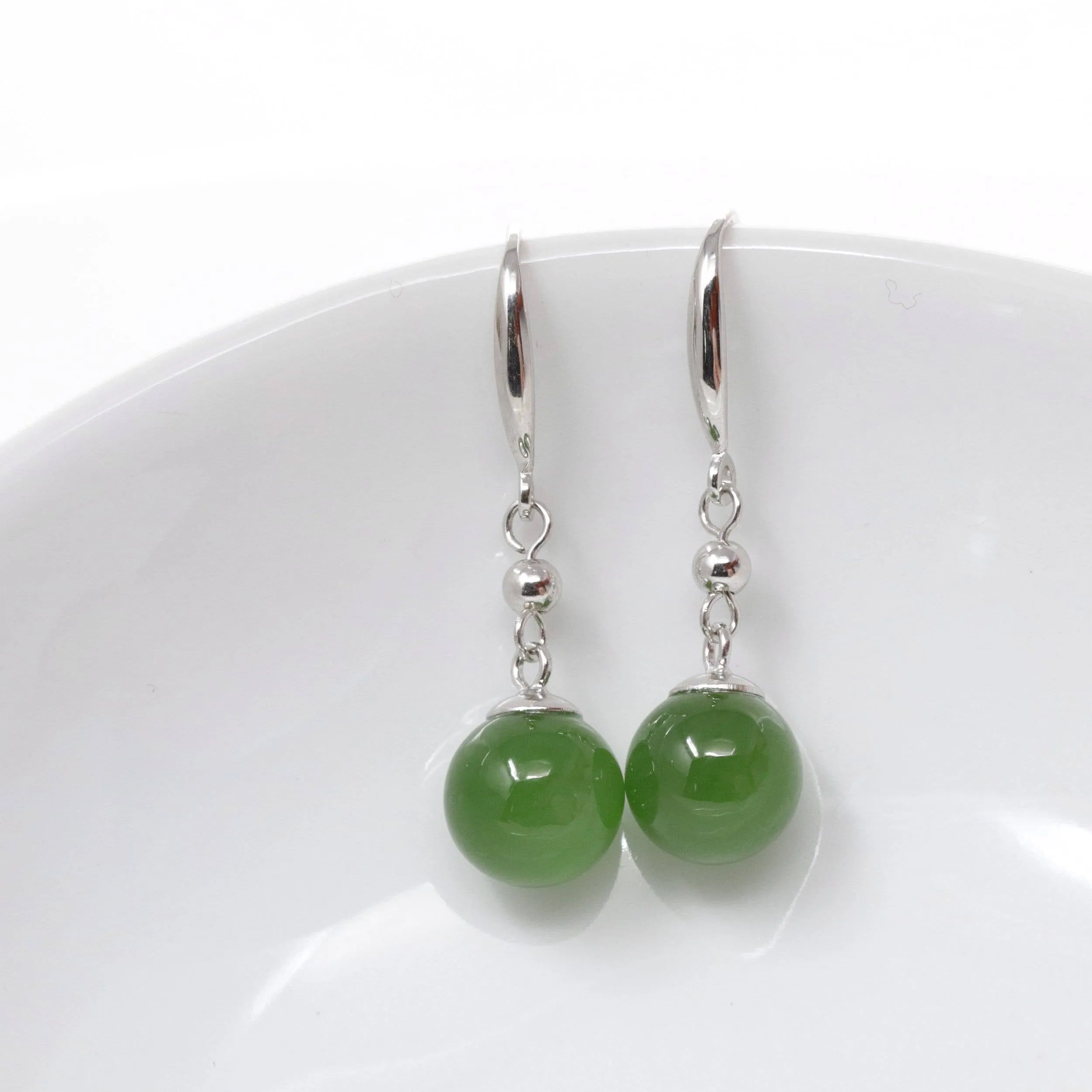 Baikalla "Classic Bead Earrings" Sterling Silver Genuine Nephrite Green Jade Dangle Earrings