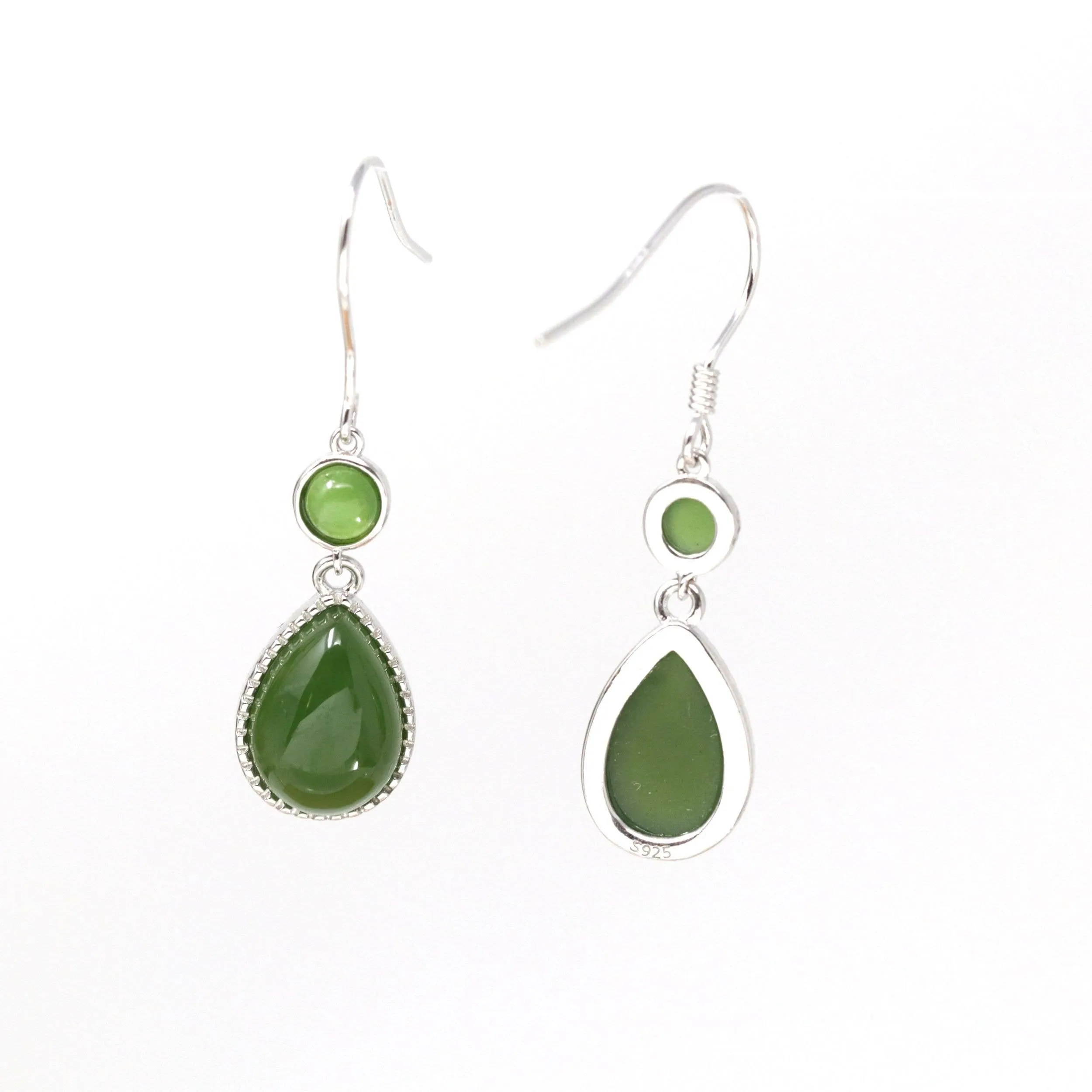 Baikalla™ "Classic Tear Drop" Sterling Silver Genuine Nephrite Green Jade Dangle Earrings