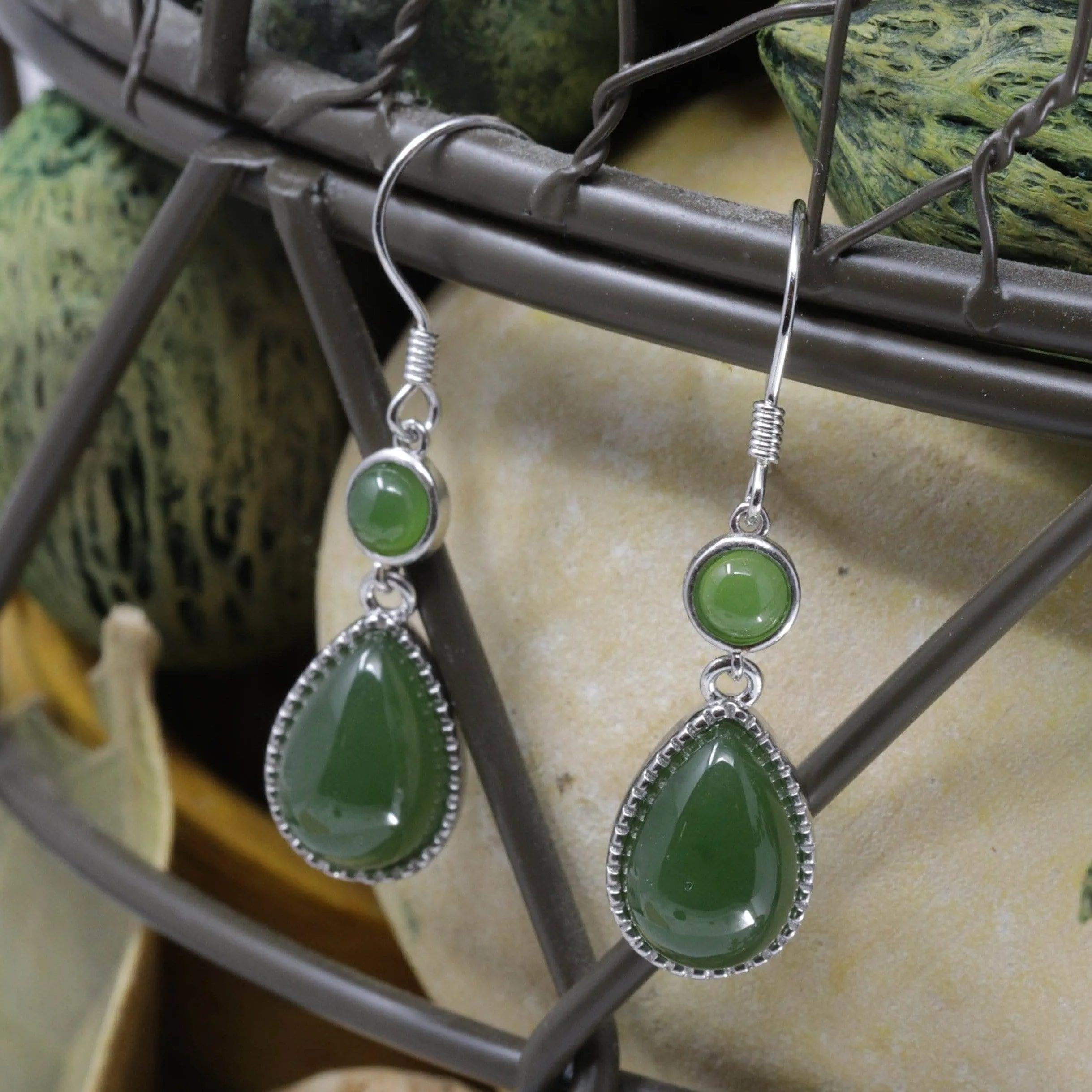 Baikalla™ "Classic Tear Drop" Sterling Silver Genuine Nephrite Green Jade Dangle Earrings