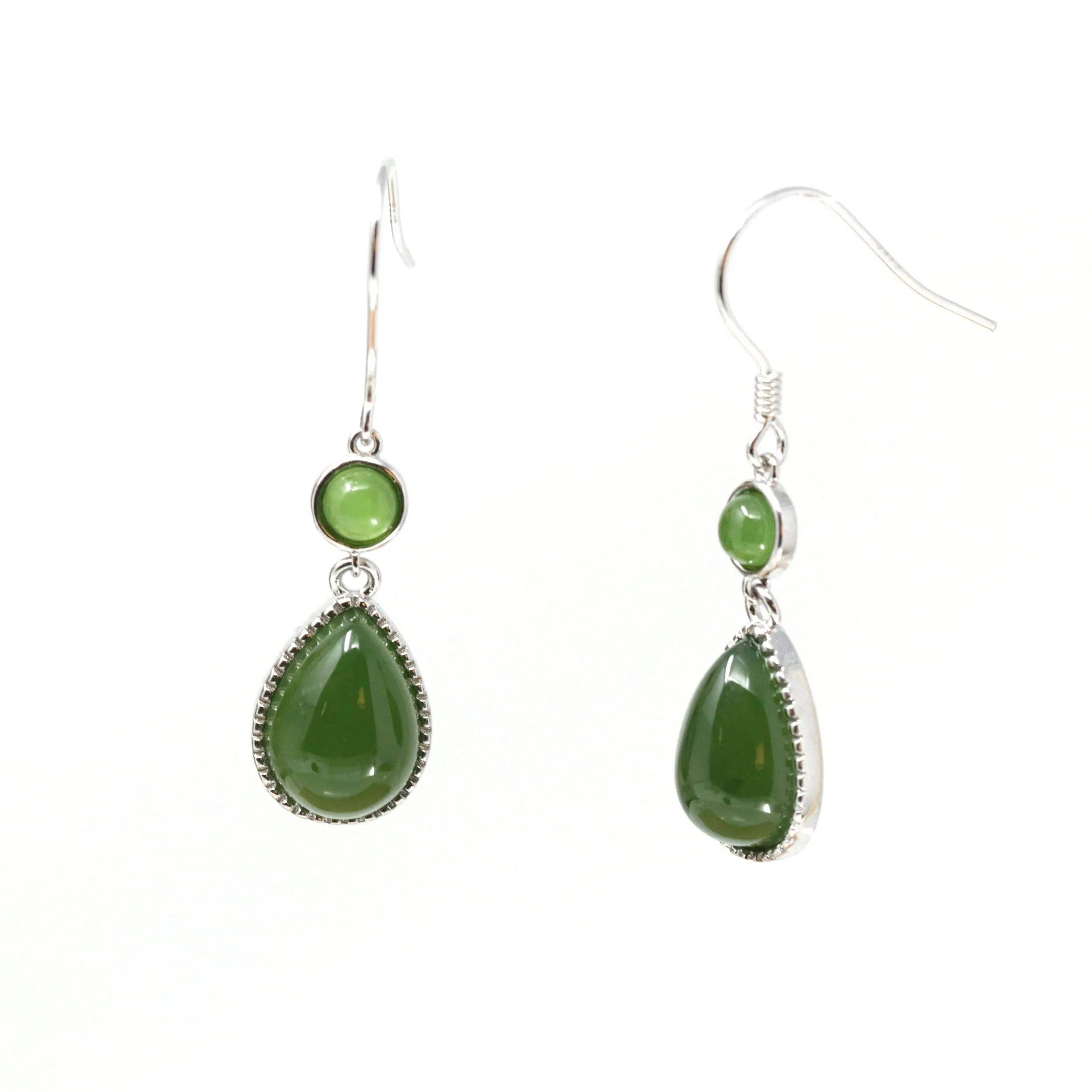 Baikalla™ "Classic Tear Drop" Sterling Silver Genuine Nephrite Green Jade Dangle Earrings