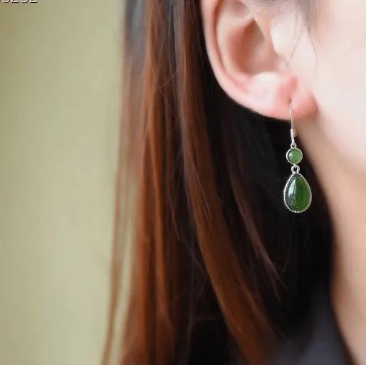 Baikalla™ "Classic Tear Drop" Sterling Silver Genuine Nephrite Green Jade Dangle Earrings