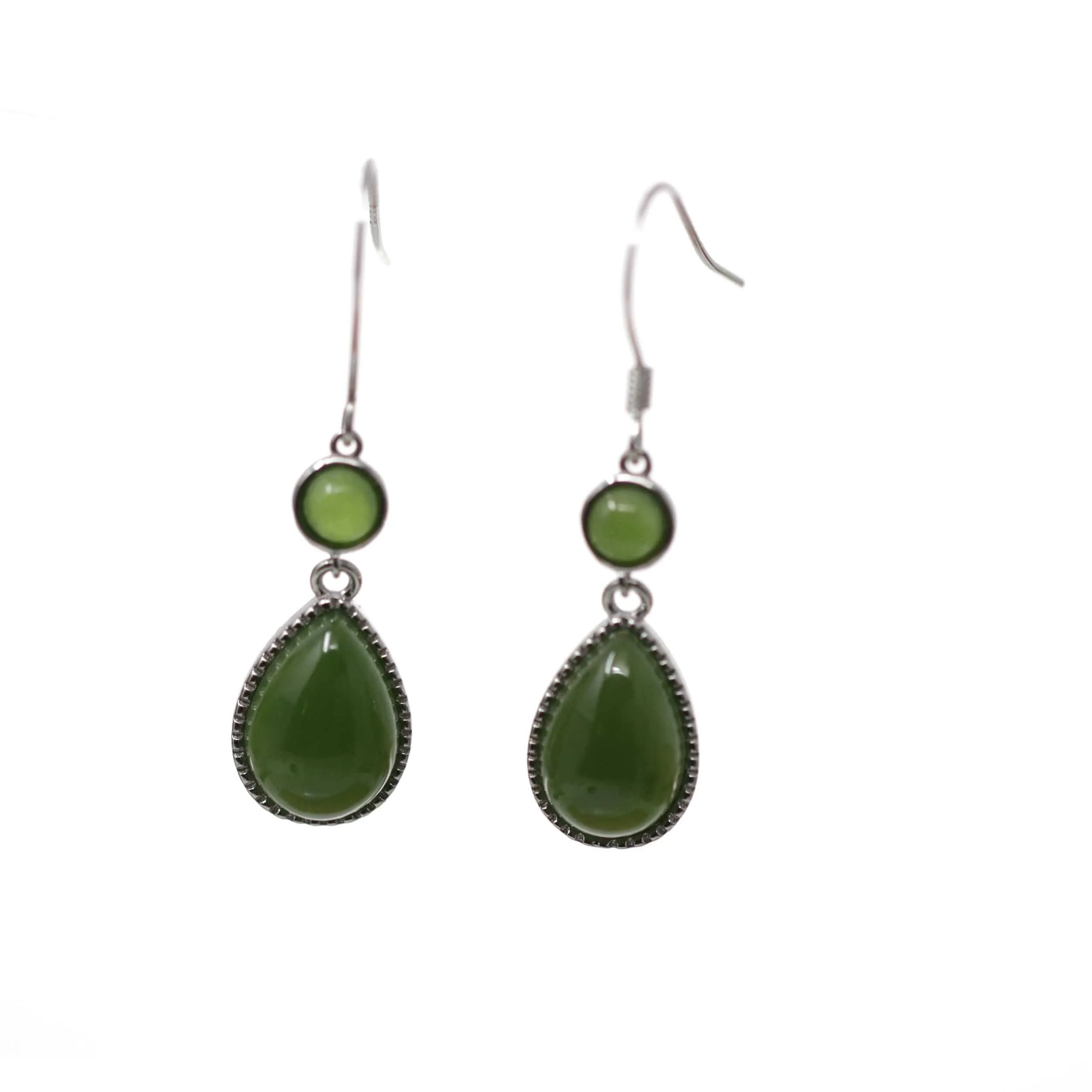 Baikalla™ "Classic Tear Drop" Sterling Silver Genuine Nephrite Green Jade Dangle Earrings