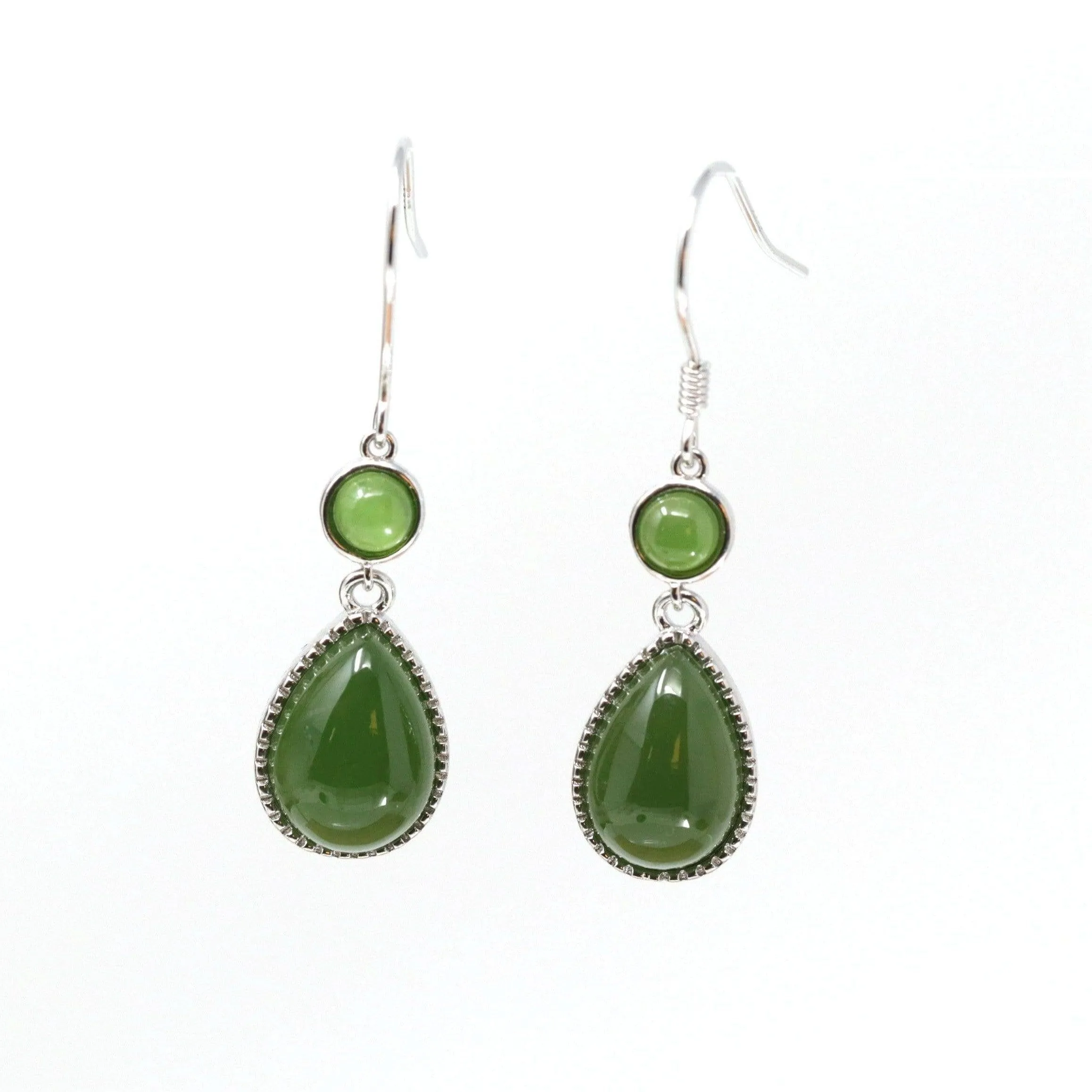 Baikalla™ "Classic Tear Drop" Sterling Silver Genuine Nephrite Green Jade Dangle Earrings