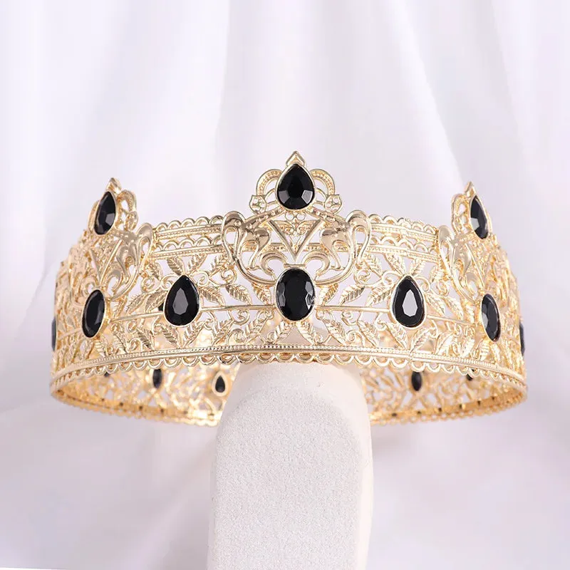 Baroque Gorgeous Black Crystal Wedding Crown Royal King Full Round Crown