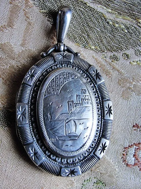 BEAUTIFUL Victorian Large Engraved Sterling Silver English Locket Game of Thrones Castle Lannister Casterly Rock Antique Jewelry