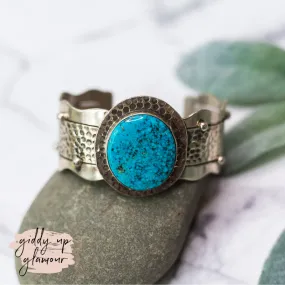 Betta Lee | Navajo Handmade Sterling Silver Stamped Cuff Bracelet with Oval Blue Ridge Turquoise Stone