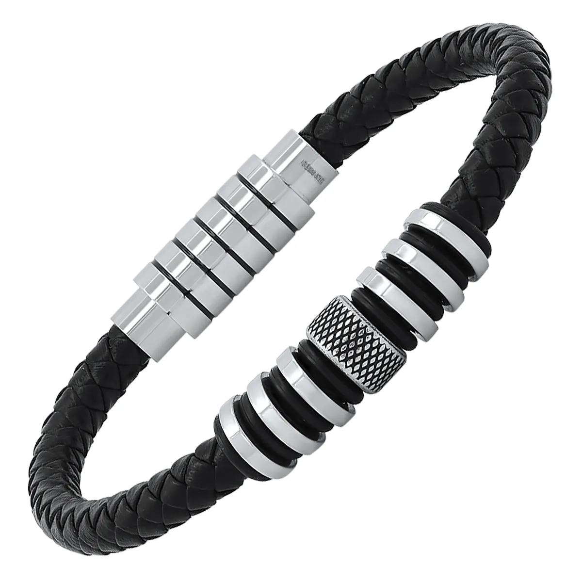 Black Braided Leather Bracelet with Stainless Steel Rings