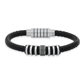 Black Braided Leather Bracelet with Stainless Steel Rings