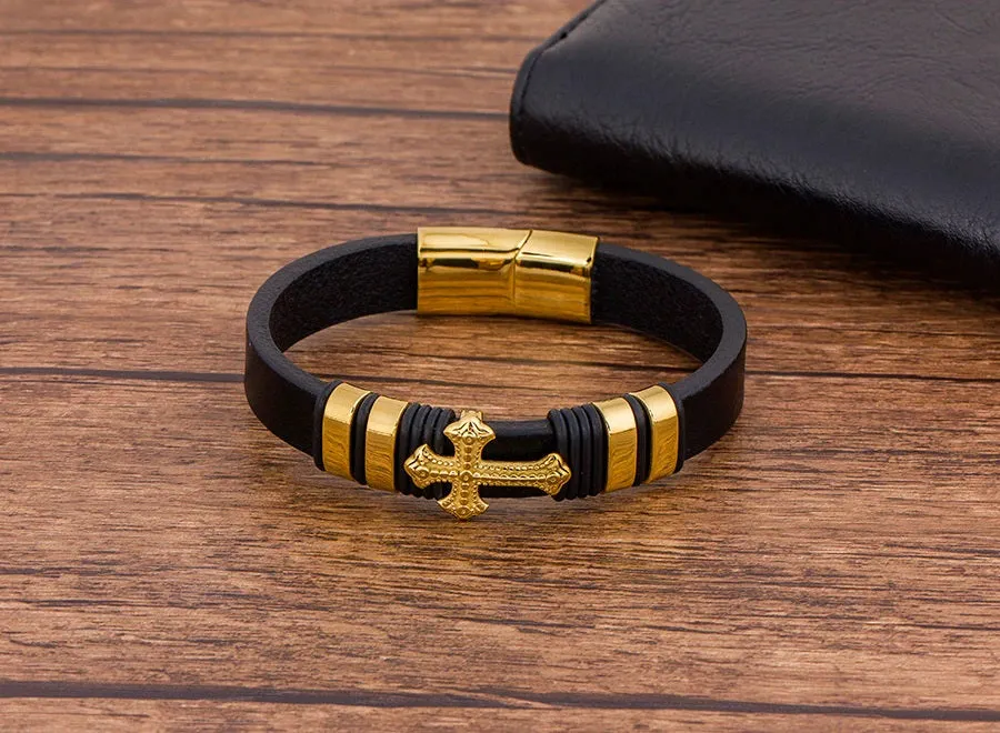 Black Leather Gold Plated Stainless Steel Cross Bracelet