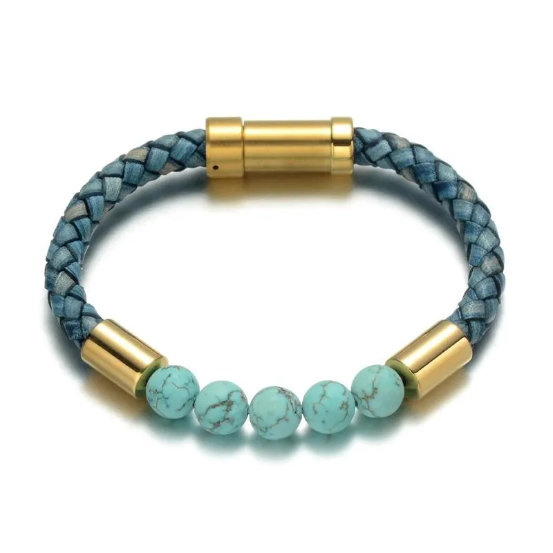 Blue Turquoise Woven Leather Stainless Steel Luxury Bracelet