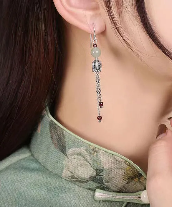 Boutique Jade Tassel Patchwork Silver Drop Earrings LY9163