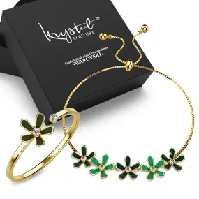 Boxed Petalia Olive Green Ring and Bracelet Featured SWAROVSKI Crystals in Gold