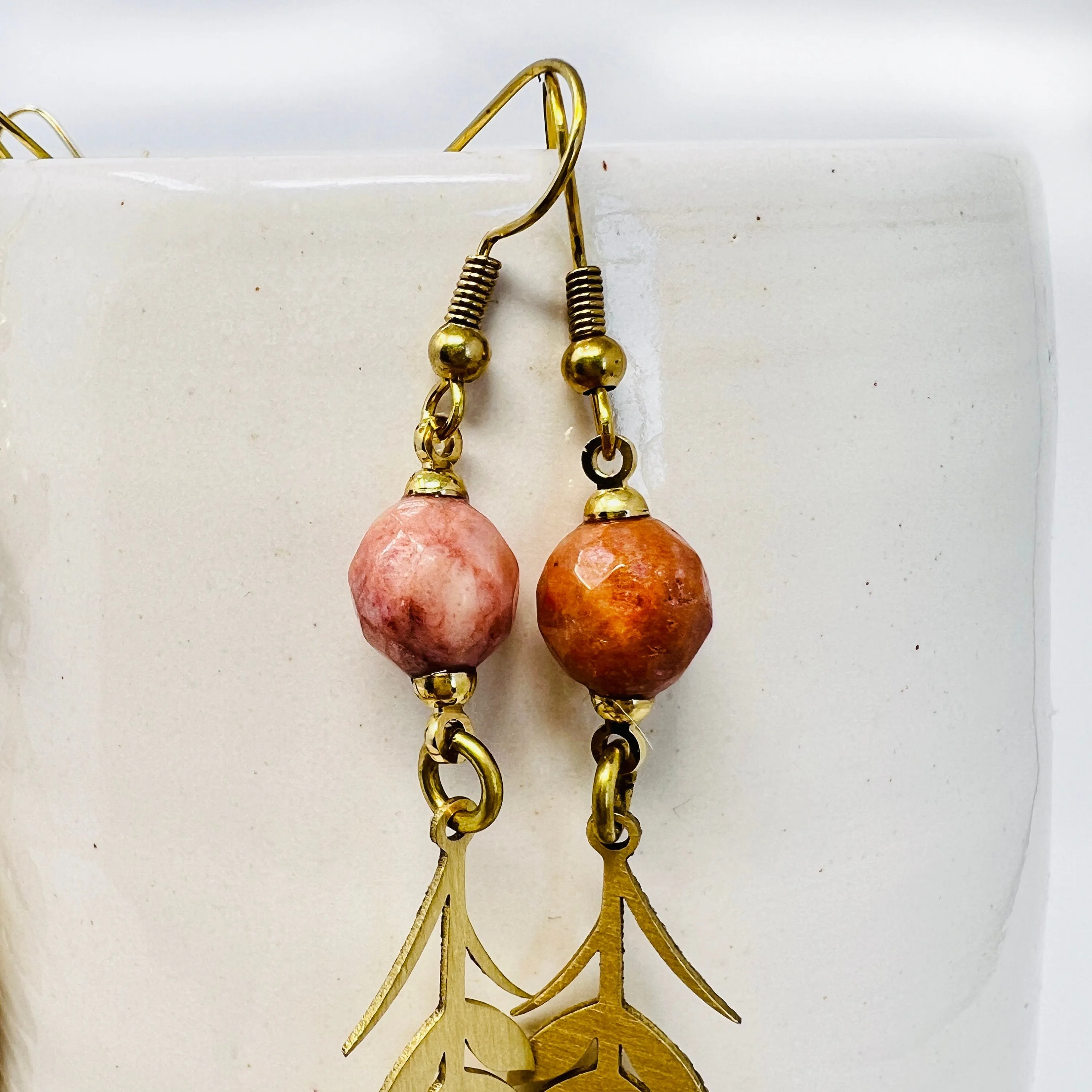 Brass Flower Stem Dangle Earring With Semi-Precious Stones In Mint, Yellow, Peach or Dalmatian